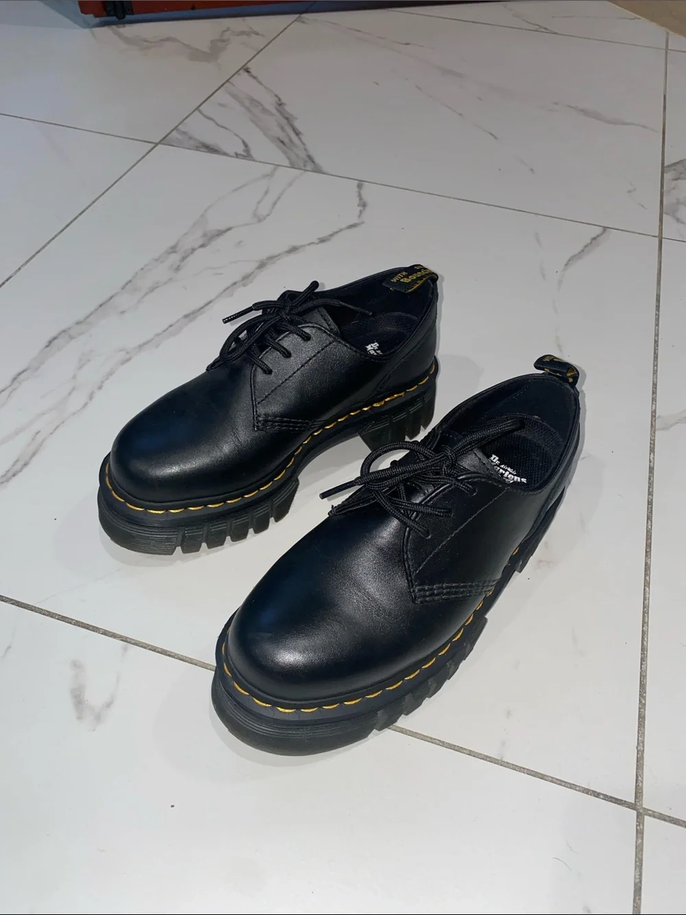 Dr. Martens Black Leather Chunky Platform Lace-Up Shoes with Yellow Stitching
